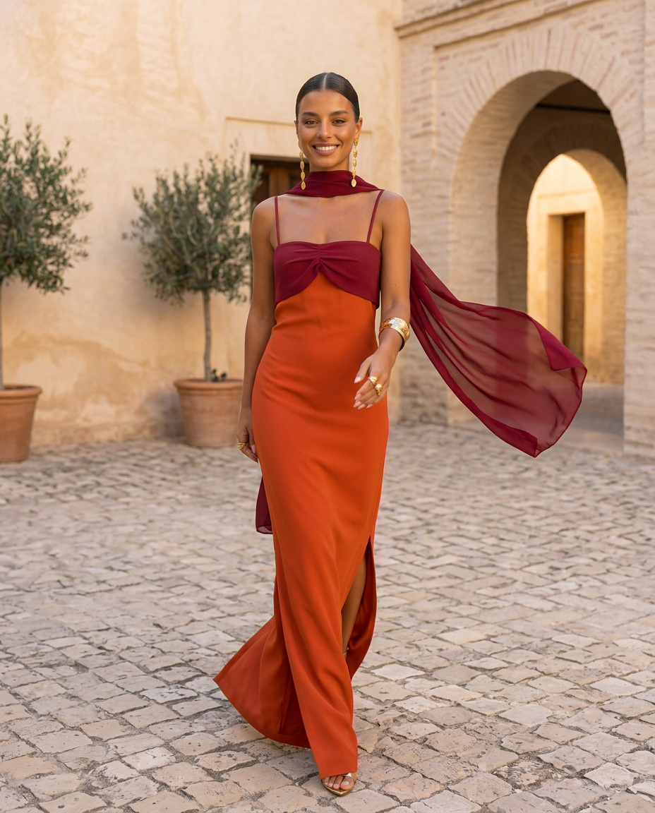 VESTIDO NARANJA CON ESCOTE ROJO