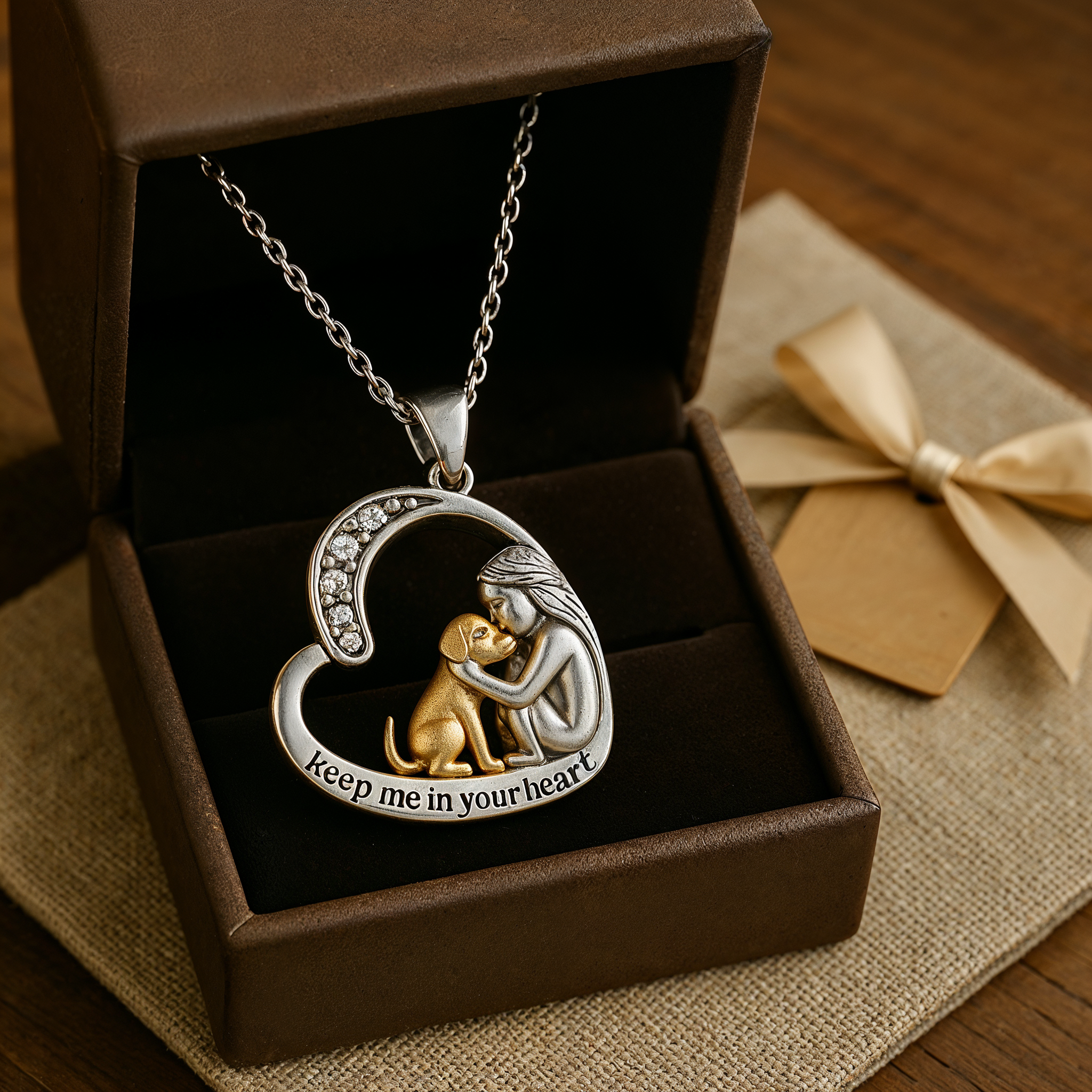 Collar con corazón de plata, con perro y piedras de zirconia