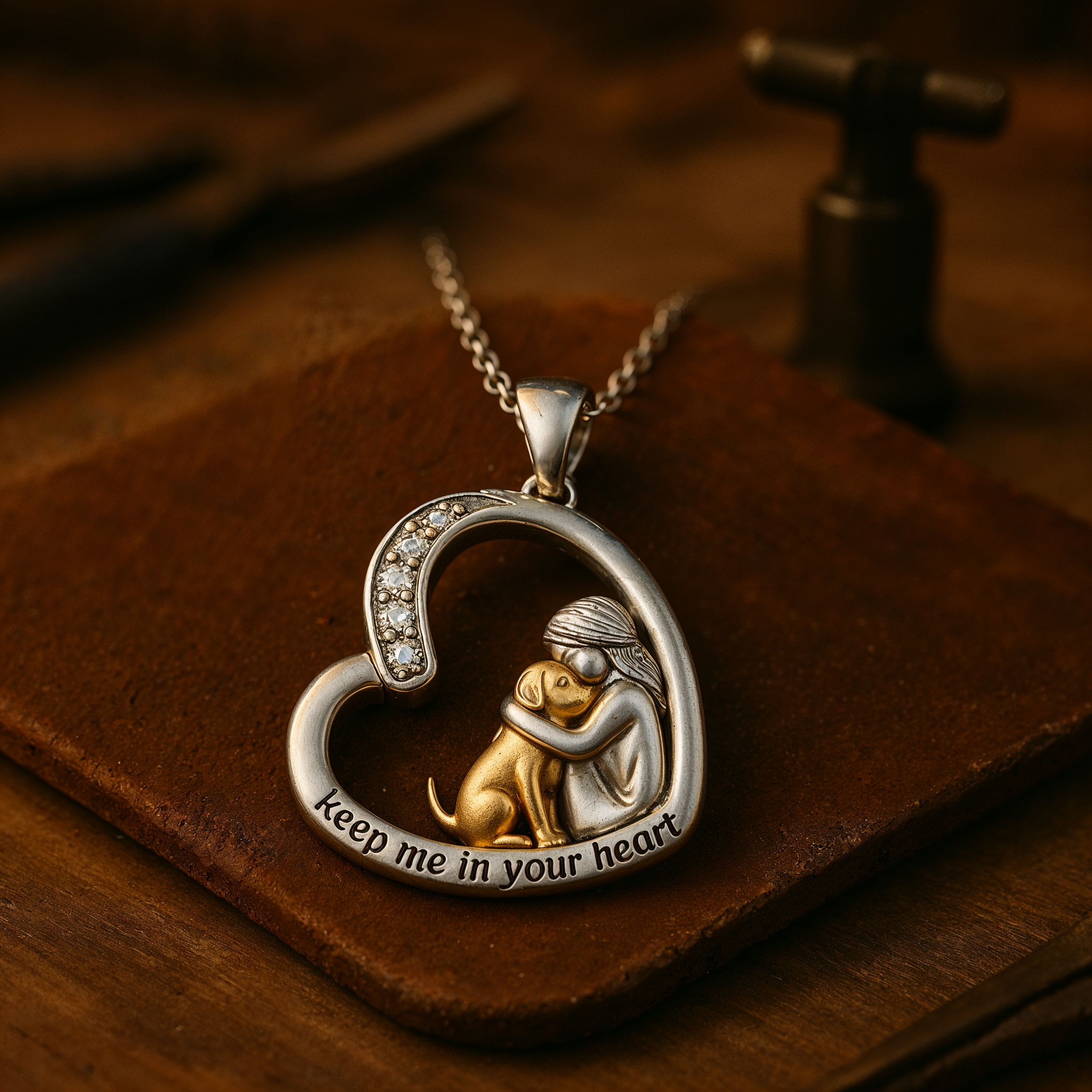 Collar con corazón de plata, con perro y piedras de zirconia
