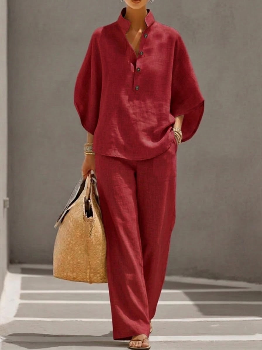 CONJUNTO DE LINO CON MANGAS TIPO MURCIELAGO Y PANTALONES ANCHOS