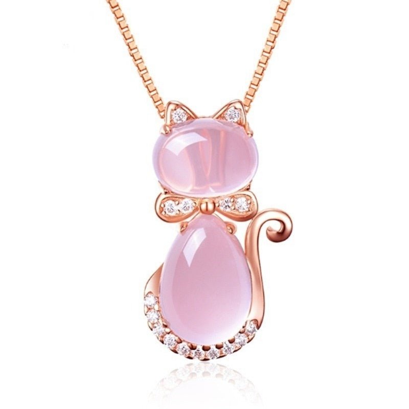 Collar con gatito adorable de piedra rosa con zircón