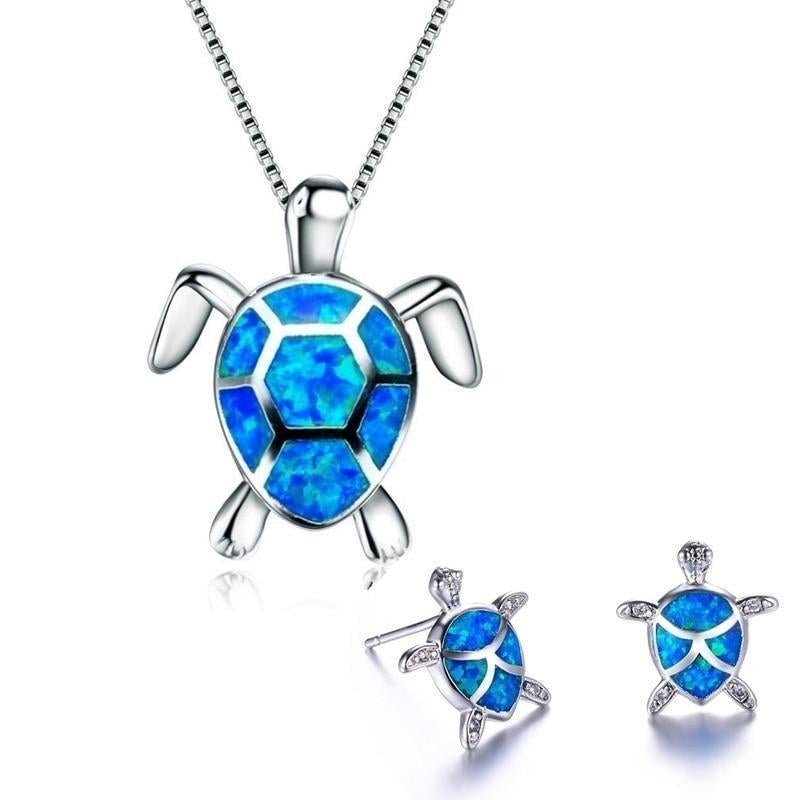 Conjunto de collar y pendientes de tortuga marina en ópalo y plata