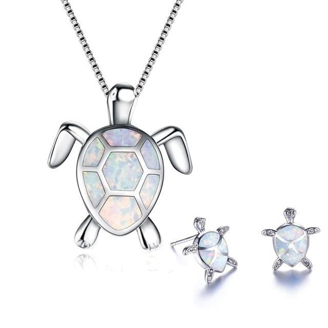 Conjunto de collar y pendientes de tortuga marina en ópalo y plata