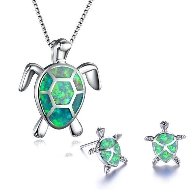 Conjunto de collar y pendientes de tortuga marina en ópalo y plata
