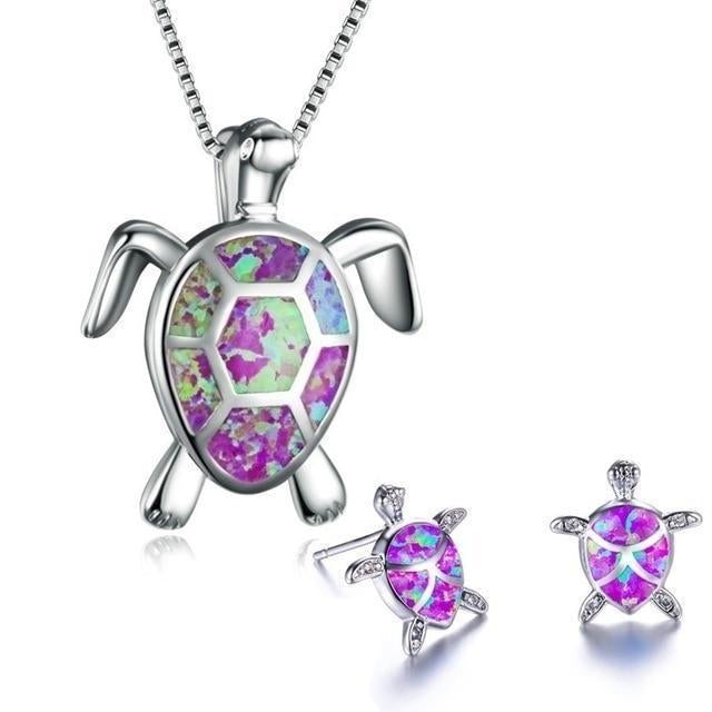 Conjunto de collar y pendientes de tortuga marina en ópalo y plata